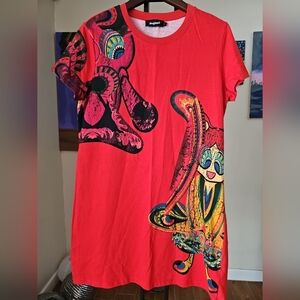 Desigual Red T Shirt Dress Crew Neck Short Sleeve Graphic Print‎ Size L